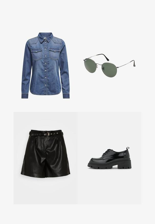 Tamsiai mėlyna džinsinė marškinė su apykakle, ilgomis rankovėmis, dviem krūtinės kišenėmis ir kontrastinėmis siuvimo detalėmis.; Juodos odinės šortai su raukšlėtu priekiu, diržu su auksinės spalvos sagtimi ir šoninėmis kišenėmis. Sklandus paviršius ir pritaikytas siluetas.; Juodos lakinės odos bateliai su storu platformos padu ir storomis raištelėmis. Suapvalinta nosis, minimalus dekoravimas ir mažas kulno žymeklis nugaros pusėje.; Metaliniai akiniai su ovaliais žaliais lęšiais. Plonas sidabro spalvos metalinis rėmas ir juodi ausų laikikliai. Minimalistinis dizainas, be matomų logotipų.