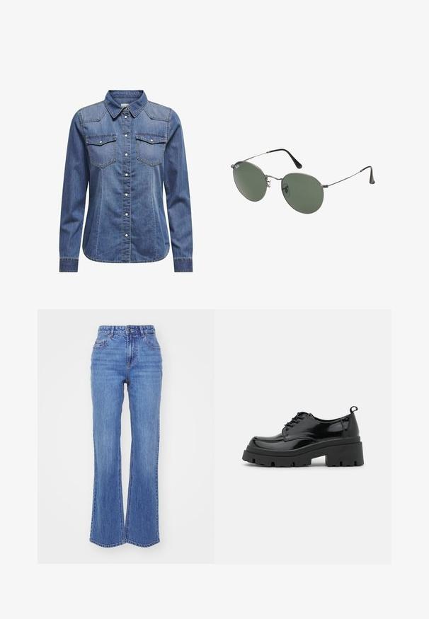 Denimskjorte i mørkeblå, med krage, lange ermer, doble brystlommer og kontraststing detaljer.; Høy midje blå denim bukser med vid ben-design, med glidelås, fem lommer og falmet tekstur for et uformelt utseende.; Sorte lakk lær sko med en kraftig plattformsåle og tykke snører. Avrundet tå, minimal detaljering, og en liten hæltab bak.; Metallinnrammede solbriller med ovale grønne linser. Tynn sølvfarget metallramme og svarte øreplugger. Minimalistisk design, ingen synlige logoer.