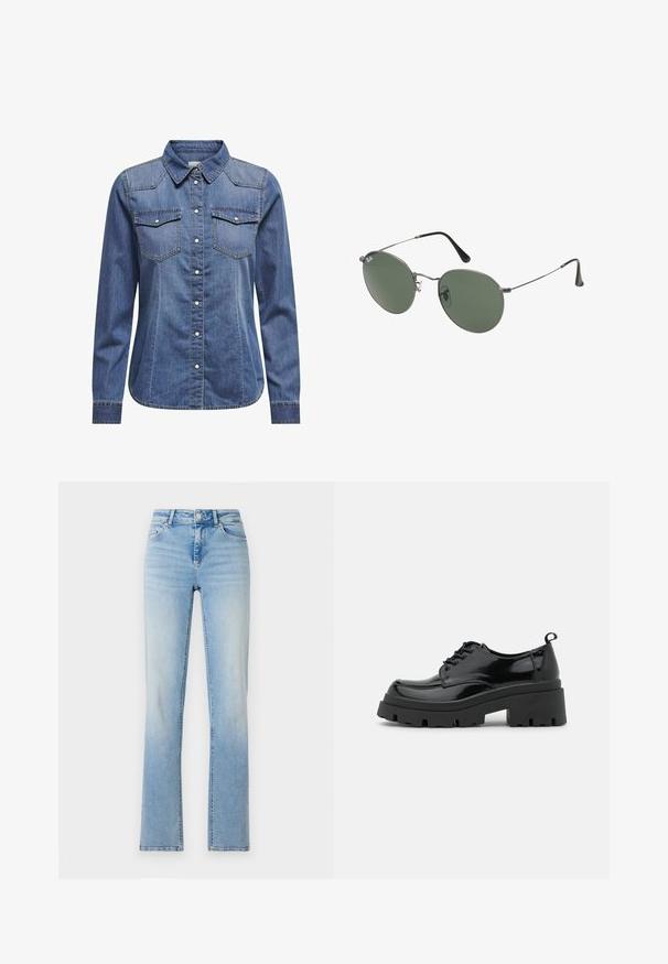 Cămașă din denim de culoare albastru închis, cu guler, mâneci lungi, două buzunare pe piept și detalii de cusătură contrastante.; Jeans din denim de culoare albastră deschisă, cu talie înaltă, croială dreaptă și decolorare subtilă. Prezintă cinci buzunare și bucle pentru curea.; Pantofi din piele lacuită neagră cu o talpă platformă masivă și șireturi groase. Vârf rotunjit, detalii minime și o mică bucată de suport la spate.; Ochelari de soare cu ramă metalică, dotati cu lentile ovale verzi. Ramă subțire din metal argintiu și ușițe negre. Design minimalist, fără logo-uri vizibile.