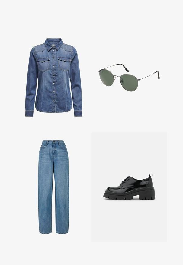 Traper košulja u tamnoplavoj boji, s ovratnikom, dugim rukavima, dvostrukim džepovima na prsima i kontrastnim detaljima šivanja.; Svjetloplave traperice s ravnim nogavicama, s kopčanjem na gumbe, pet džepova i suptilnim izblijeđenjem po tkanini.; Crne lakirane kožne cipele s debelom platformom i debljim vezicama. Okrogli vrh, minimalni detalji i mali taban na stražnjoj strani.; Naočale s metalnim okvirom i ovalnim zelenim staklima. Tanka srebrna metalna konstrukcija i crni silikonski jastučići za uši. Minimalistički dizajn, bez vidljivih logotipa.