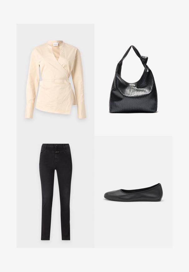 Camisa envolvente beige hecha de algodón, con mangas largas, un escote en V profundo y un detalle de lazo lateral para dar forma y estructura.; Jeans skinny de mezclilla negra con ajuste slim, diseño de cinco bolsillos, cierre de botón y cremallera, y sutilezas en las costuras.; Bailarina de piel negra con punta redondeada, textura suave, detalle de costura minimalista y diseño de suela flexible.; Bolso de cuero trenzado negro con un diseño relajado, que presenta una correa anudada y un pequeño tachuela dorada decorativa en la parte superior.