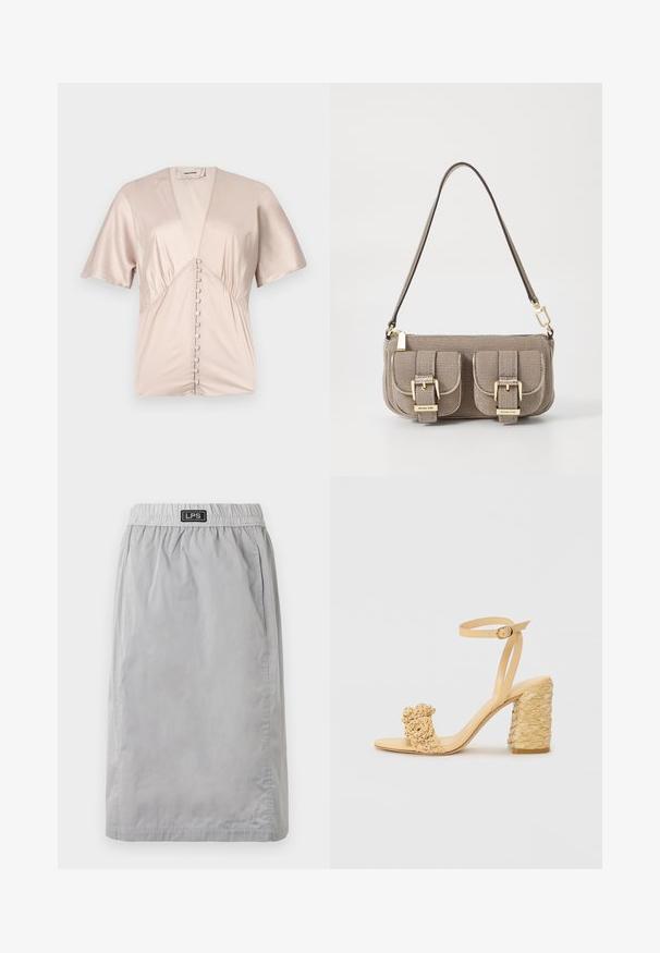 Bluza s kratkimi rokavi iz gladkega, svetlo bež satena z globokim V-izrezom in dekorativnimi gumbi po sredini.; Siva, kratká suknja do kolen s svetlim materialom, z elastičnim pasom in stranskimi žepi. Oznaka blagovne znamke "LPS" na pasu.; Beige sandala na visokom potplatu s pletenom teksturom, s dekorativnim cvijetom i remenom oko gležnja. Kvadratna peta osigurava stabilnost.; Bežna teksturirana torba z nastavljivim trakom, z dvema sprednjima žepoma, zaklenjenima s sponkami, ter z zlatimi kovinskimi dodatki. Zadrga na vrhu.