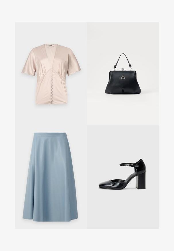 Blouse à manches courtes en satin lisse et léger de couleur beige clair avec un décolleté en V profond et des boutons décoratifs le long du centre.; Une jupe évasée bleu clair en tissu lisse, présentant un design minimaliste avec une taille épurée et sans fermetures visibles.; Chaussures à talons hauts en cuir verni noir avec un bout carré, une bride de cheville et un talon épais. Comprend des détails perforés le long du bord.; Sac à main en cuir noir avec une surface texturée, accessoires en acier inoxydable, fermeture à cliquet et une courte anse pour le porter. Design compact et structuré.