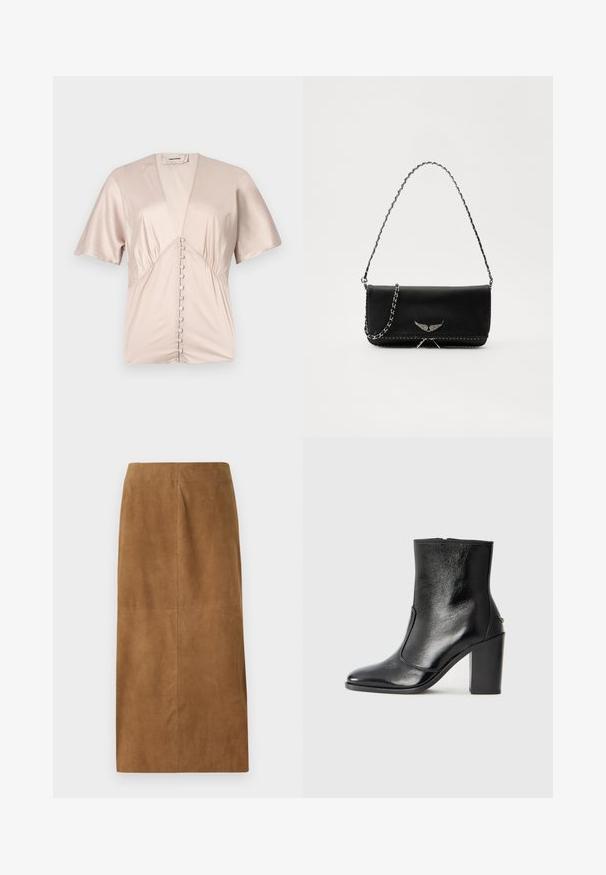 Bluză cu mânecă scurtă din satin bej deschis, fin, cu decolteu adânc în V și nasturi decorativi pe centru.; Fustă midi din suede maro, cu o croială dreaptă, textură fină și cusături curate. Nu are închideri vizibile sau accente suplimentare.; Botină din piele neagră, cu o textură netedă, vârf ascuțit și toc gros, înalt. Dispune de o deschidere laterală și un design minimalist.; Geantă de mână din piele neagră cu un lanț din argint, având accente decorative în formă de aripi și cusături albe de-a lungul cusăturii de jos.