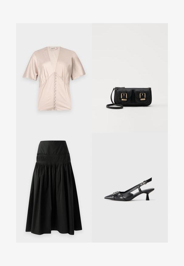 Blůza s krátkým rukávem z hladkého, světle béžového saténu s hlubokým výstřihem do V a dekorativními knoflíky uprostřed.; Černá sukně po kolena vyrobená z hladkého materiálu, s dobře padnoucím pasem a nabíraným designem pro objem.; Černé kožené slingback boty s špičatou špičkou, dekorativními pásky s kovovými očky a nízkým blokovým podpatkem. Texturovaný povrch.; Černá kožená crossbody taška se dvěma předními kapsami, zlatými přezkami, zipovým uzávěrem a štíhlým popruhem. Texturovaný povrch a kompaktní obdélníkový tvar.