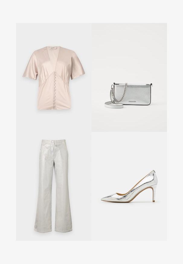 Kurzärmlige Bluse aus glattem, leichtem beigem Satin mit einem tiefen V-Ausschnitt und dekorativen Knöpfen in der Mitte.; Silberne Schlaghosen aus glänzendem Material, mit einem Knopfverschluss vorne, zwei Taschen und sichtbaren Nähten.; Silberne, metallisch glänzende Pumps mit spitzem Zehenbereich, glatter Oberfläche, 10 cm Absatzhöhe und dezentem Faltenmuster auf der Oberfläche.; Silberne Leder-Crossbody-Tasche mit strukturiertem Finish, Ketten- und Riemenakzenten sowie einem Reißverschluss. Auf der Vorderseite befindet sich ein Logo.