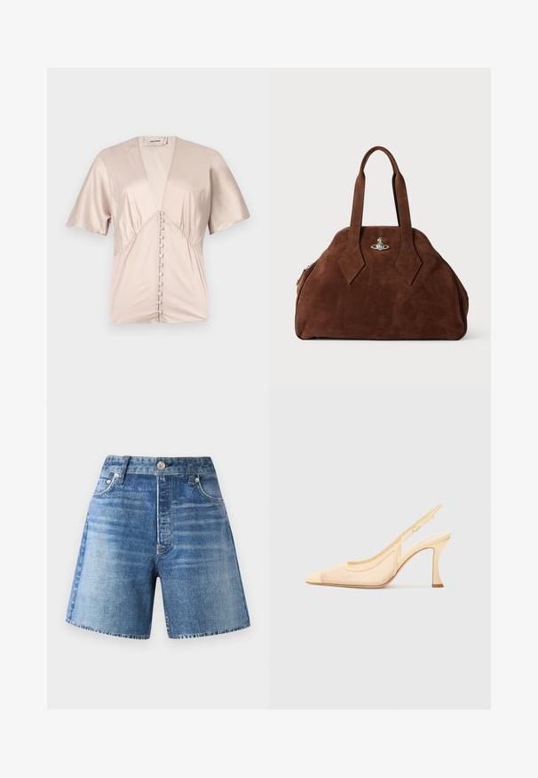 Blusa de manga corta hecha de satén suave en un tono beige claro, con un escote en V profundo y botones decorativos en el centro.; Pantalones cortos de mezclilla en un tono azul claro con cintura alta, cinco bolsillos y cierre de botón, con una textura desteñida y dobladillo sin terminar.; Zapato de tacón alto tipo slingback en malla beige claro con punta afilada y un tacón delgado y curvado, con un acento de hebilla minimalista.; Bolso de ante marrón con una forma estructurada, cuerpo redondeado y asas alargadas en forma de diamante. Presenta un cierre de hardware plateado.