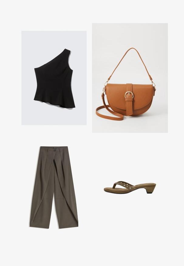 Top nero a spalla unica con design asimmetrico, realizzato in tessuto morbido. Orlo svasato con linee pulite e senza chiusure visibili.; Pantaloni a gamba larga realizzati in un tessuto testurizzato grigio scuro. Presentano una piega frontale, chiusura con bottone e tasche laterali per praticità.; Sandali con tacco in suede marrone dal design minimalista, caratterizzati da una sottile fascia decorata con borchie argentate e un modesto tacco a cono.; Borsa a tracolla in pelle marrone con forma curvata, hardware dorato e un dettaglio con fibbia. Presenta una tracolla rimovibile.