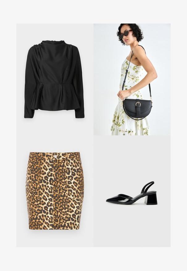 Blusa negra de manga larga con cintura peplum. Tejido suave y parecido a la seda con un escote alto y una cremallera oculta en la parte posterior.; Minifalda de mezclilla con estampado de leopardo en tonos marrones y beige, que presenta un cierre con botones en la parte delantera y dos bolsillos laterales.; Zapatos de tacón slingback de charol negro con punta afilada y tacón geométrico en bloque. Presentan un diseño elegante y minimalista, así como una textura suave.; Bolso de piel negra con forma curva, correa desmontable y herrajes dorados. El bolso cuenta con una solapa con un detalle de hebilla.