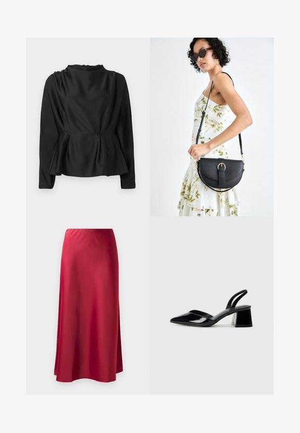 Melnas, garām piedurknēm blūze ar pepluma jostu. Gluda, satīna līdzīga auduma ar augstu apkakli un slēptu rāvējslēdzēju aizmugurē.; Sarkans satīna garais svārks ar gludu tekstūru, nedaudz izplestu formu un sānu šķēlumu vieglai kustībai. Nav redzamu aksesuāru vai rotājumu.; Melna lakota āda ar atvērto papēdi, ar smailu purngalu un ģeometrisku blokpapēdi. Iezīmējas elegants, minimāls dizains un gluda tekstūra.; Melnas ādas rokassoma ar izliekta formu, noņemamu siksnu un zelta aksesuāriem. Somai ir vāciņš ar sprādzes detaļu.