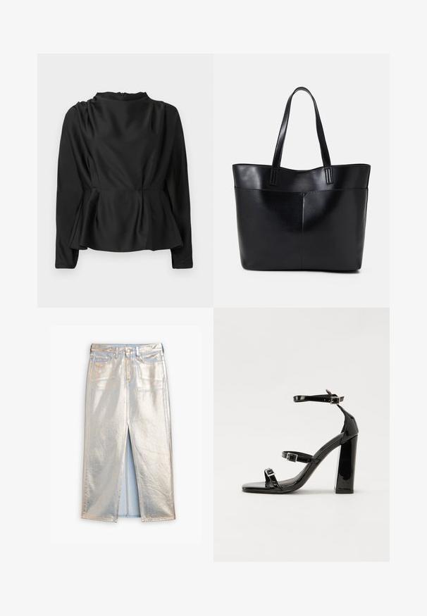 Must musta, pikkade varrukatega pluus peplum-vööga. Sile, satiinilaadne kangas kõrge kaelusega ja peidetud tõmblukuga taga.; Hõbedane metallik denim seelik esiseeliku, kahe tasku ja nööbiga sulgemisega. Omab läikivat pinda ja kontrastset sinist tikandit.; Mustad läikiva lakknahaga kõrge kontsaga sandaalid kahe pandlaga, kandilised varbad ja jäme plokk-kontsaosa, millel on sile ja läikiv tekstuur.; Must mustaga musta nahast, millel on kaks pikka kanda, sile tekstuur ja struktureeritud kuju. Esipoolsel on lisakoti jaoks tasku.