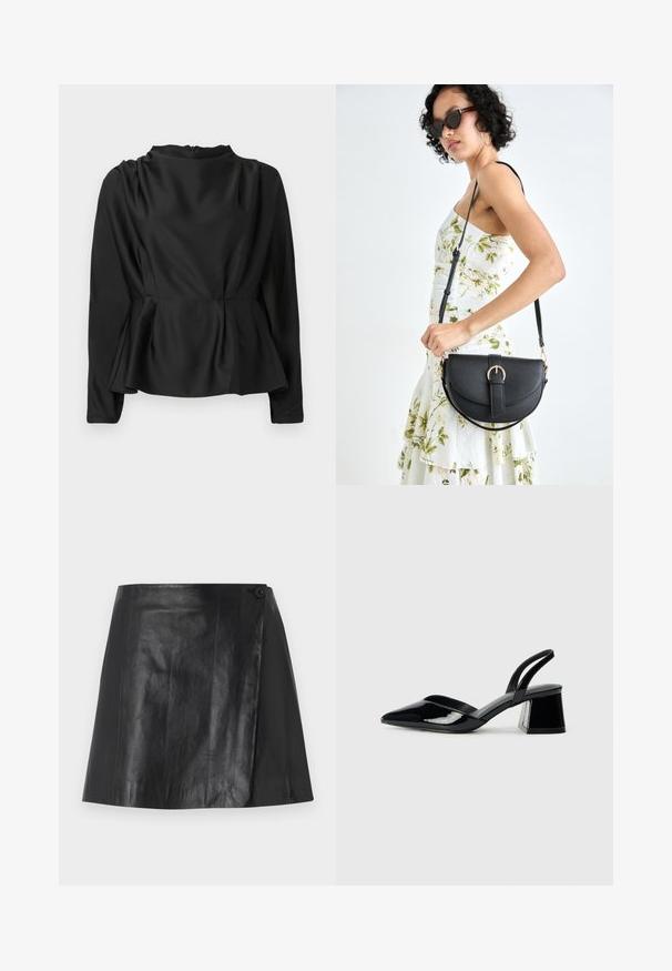 Melnas, garām piedurknēm blūze ar pepluma jostu. Gluda, satīna līdzīga auduma ar augstu apkakli un slēptu rāvējslēdzēju aizmugurē.; Melnā mākslīgā ādas mini svārku ar apņemšanas priekšpusi, kas fiksēta ar pogu labajā pusē, gluda tekstūra un neliels spīdums.; Melna lakota āda ar atvērto papēdi, ar smailu purngalu un ģeometrisku blokpapēdi. Iezīmējas elegants, minimāls dizains un gluda tekstūra.; Melnas ādas rokassoma ar izliekta formu, noņemamu siksnu un zelta aksesuāriem. Somai ir vāciņš ar sprādzes detaļu.