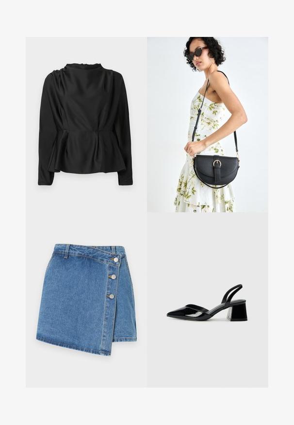 Blusa negra de manga larga con cintura peplum. Tejido suave y parecido a la seda con un escote alto y una cremallera oculta en la parte posterior.; Falda envolvente de denim en azul claro. Presenta una cintura alta, dobladillo en ángulo y tres botones de metal a un lado. Textura suave con costuras sutiles.; Zapatos de tacón slingback de charol negro con punta afilada y tacón geométrico en bloque. Presentan un diseño elegante y minimalista, así como una textura suave.; Bolso de piel negra con forma curva, correa desmontable y herrajes dorados. El bolso cuenta con una solapa con un detalle de hebilla.