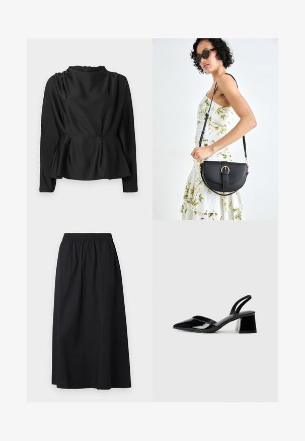 Blusa preta de manga longa com cintura peplum. Tecido suave, semelhante a cetim, com gola alta e um fecho éclair escondido nas costas.; Saia maxi preta feita de material leve com um cós elástico e uma textura suave. Apresenta um design simples e limpo, sem adornos.; Sandy em verniz preto com salto slingback, ponta afilada e salto geométrico. Apresenta um design elegante e minimalista com textura suave.; Bolsa de couro preta com forma curva, alça destacável e detalhes em dourado. A bolsa possui uma aba com detalhe de fivela.