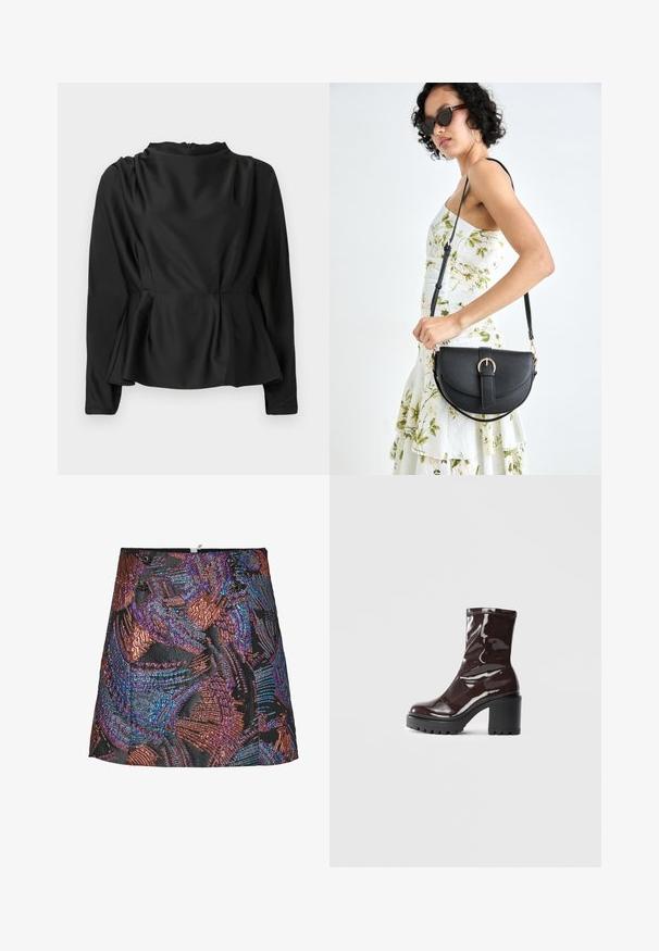 Černá blůza s dlouhým rukávem a peplum pasem. Hladká, saténová látka s vysokým výstřihem a skrytým zipem na zadní straně.; Metalická minisukně s texturovaným vzorem v živých odstínech fialové a bronzové, s černým podkladem a dekorativními knoflíky na pasu.; Lesklá bordó kotníková bota s masivním černým podpatkem, se hladkým povrchem a jednoduchým designem. Žádné viditelné zapínání ani vzory.; Černá kožená kabelka s křivkovým tvarem, odnímatelným popruhem a zlatými detaily. Kabelka má klopu s přezkou.