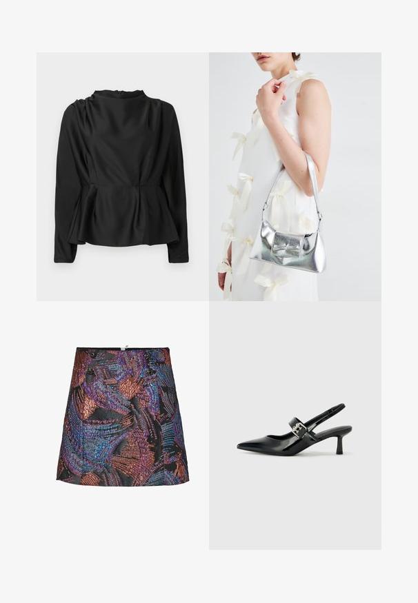 Bluză neagră cu mâneci lungi și talie peplum. Material neted, asemănător satinului, cu gât înalt și fermoar ascuns la spate.; Fustă mini metalică cu un model texturat în nuanțe vibrante de mov și bronz, având o bază neagră și butoane decorative pe talie.; Sandale cu toc din piele patent neagră, cu vârful ascuțit și un toc mic bloc, având un accent cu cataramă argintie pe curea.; Geantă metalică argintie cu o formă structurată, având un mâner superior și un detaliu sub formă de fundă pe față. Textură netedă, finisaj reflexiv.