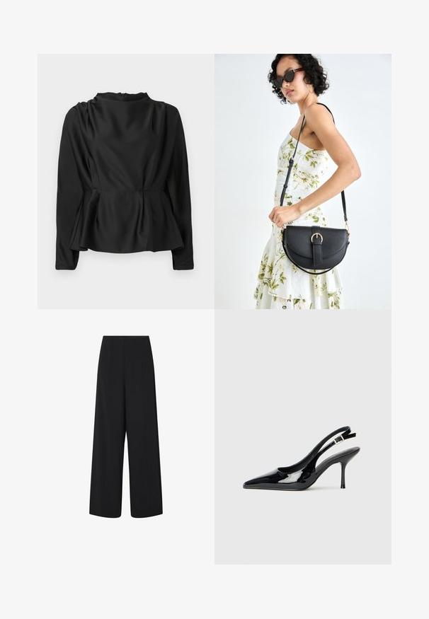 Black, long-sleeve blouse with a peplum waist. Smooth, satin-like fabric with a high neckline and a concealed zipper at the back.; Black wide-leg cropped pants with a high waist and side pockets, featuring subtle vertical seam details.; Black patent leather slingback pump with a pointed toe and slender heel. Features an adjustable buckle strap at the back. Smooth texture.; Black leather handbag with a curved shape, detachable strap, and gold hardware. The bag features a flap with a buckle detail.