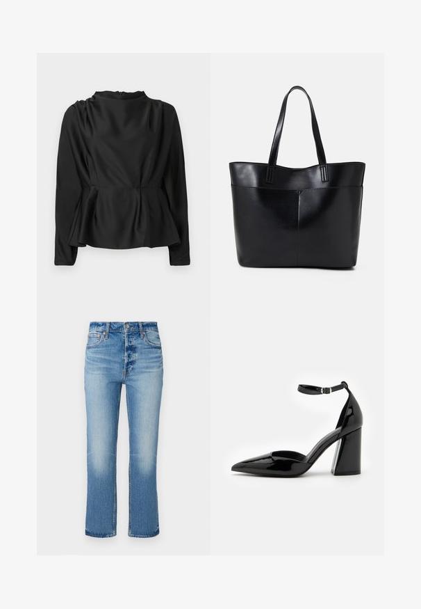 Blusa preta de manga longa com cintura peplum. Tecido suave, semelhante a cetim, com gola alta e um fecho éclair escondido nas costas.; Jeans de denim azul claro com um design de perna reta, apresentando desbotamento perto das coxas, fecho de botão e estilo padrão de cinco bolsos.; Sapato de salto alto de couro patente preto com bico pontiagudo, tira ao tornozelo e salto largo para estabilidade, apresentando uma textura lisa e brilhante.; Bolsa tote preta em couro com duas alças longas, textura suave e forma estruturada. Apresenta um bolso frontal para armazenamento adicional.