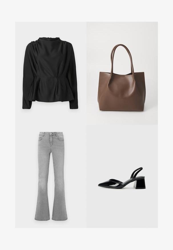 Blusa nera a maniche lunghe con vita a peplo. Tessuto liscio, simile alla seta, con collo alto e zip nascosta sulla schiena.; Jeans grigi flared in denim, con un classico design a cinque tasche, chiusura con zip e dettagli di scolorimento discreti lungo le gambe.; Décolleté in vernice nera con punta affusolata e tacco in geometria cubica. Presentano un design elegante e minimalista, con una texture liscia.; Borsa tote in pelle marrone con due manici lunghi, forma strutturata, superficie liscia e design minimalista. Nessun hardware o accento visibile.