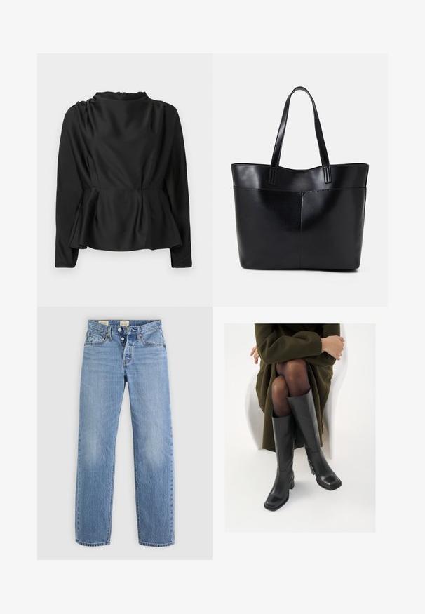 Blusa negra de manga larga con cintura peplum. Tejido suave y parecido a la seda con un escote alto y una cremallera oculta en la parte posterior.; Jeans de mezclilla de color azul claro con un diseño de pierna recta, cierre de botón metálico, bolsillos frontales y sutiles detalles de desgaste por todo el tejido.; Botas de cuero negro hasta la rodilla con puntera cuadrada y tacón de bloque, presentadas con un modelo sentado en un abrigo verde oliva. Textura suave, mínimo detalle.; Bolso tote de cuero negro con dos asas largas, textura suave y forma estructurada. Cuenta con un bolsillo frontal para almacenamiento adicional.