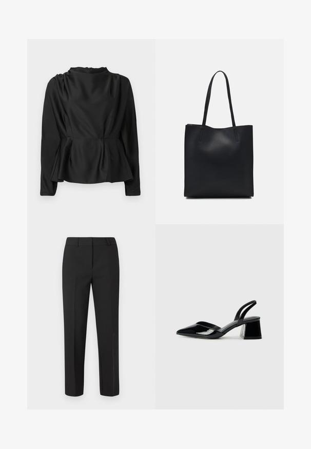 Čierna blúzka s dlhými rukávmi a peplum pásom. Hladká, saténová tkanina s vysokým výstrihom a skrytým zipsom na chrbte.; Čierne nohavice na mieru s rovnými nohavicami, rovný predný diel bez viditeľných ozdôb. Vyrobené z hladkej tkaniny s ostrým vzhľadom.; Čierne lakované kožené sandálové podpätky s špicatou špičkou a geometrickým blokovým podpätkom. Disponujú elegantným, minimalistickým dizajnom a hladkým povrchom.; Čierna kožená taška na rameno s hladkým povrchom, obdĺžnikovým tvarom a dvoma dlhými uchami. Bez viditeľného kovania alebo ozdôb.