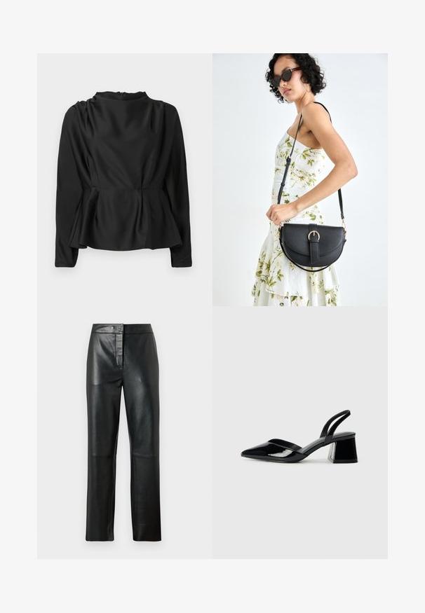 Black, long-sleeve blouse with a peplum waist. Smooth, satin-like fabric with a high neckline and a concealed zipper at the back.; Black leather trousers with a smooth texture, featuring a straight-leg design, front button closure, and minimal stitching details.; Black patent leather slingback heels with a pointed toe and a geometric block heel. Features a sleek, minimal design and smooth texture.; Black leather handbag with a curved shape, detachable strap, and gold hardware. The bag features a flap with a buckle detail.
