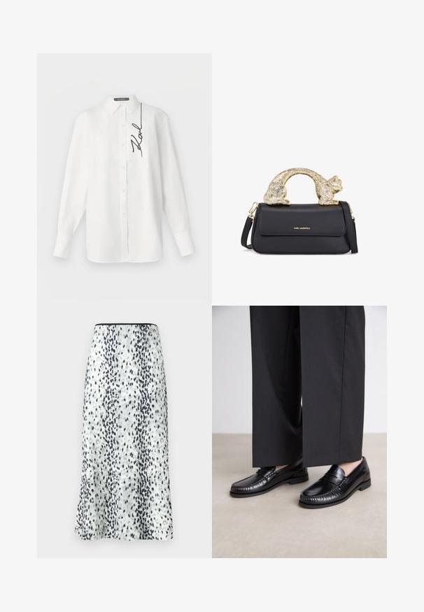 Chemise blanche à manches longues en coton, avec une poche avant et une signature brodée noire sur le côté gauche. Col classique et fermeture à boutons.; Une jupe de longueur genou en tissu blanc avec un motif tacheté noir et gris, terminée par une taille simple et un petit logo.; Mocassins en cuir noir avec une finition lisse, descoutures autour de l'orteil et une semelle en caoutchouc basse. Assortis à un pantalon large noir.; Sac à main en cuir noir avec une poignée en forme de chat dorée, comportant un rabat à l'avant, une bandoulière ajustable et un logo sur le bas devant.