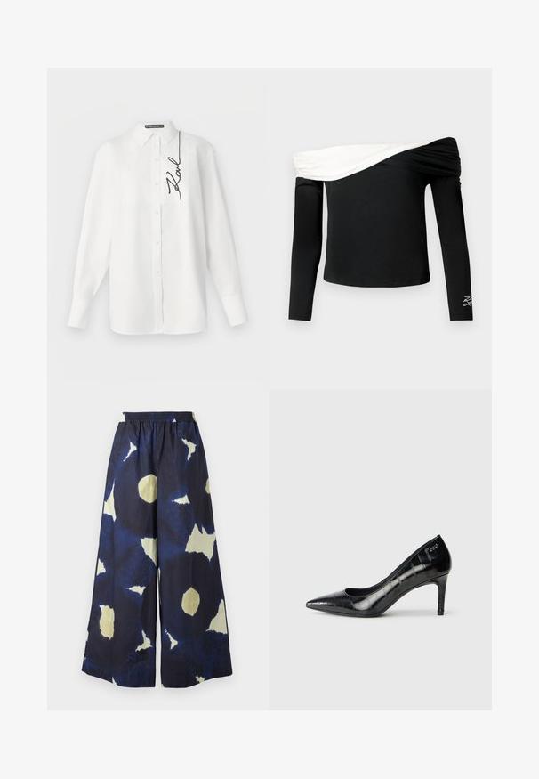 Valge pika varrukaga puuvillane särk, millel on ees tasku ja vasakul pool must brodeeritud allkiri. Klassikalise kraega ja nööpidega kinnituv.; Must pikkade varrukatega õlakatteta topp, millel on valge voltidega drapeering rinnal ja vasakul varrukal väike valge pitsiline tikand.; Sinine ja kreemjas mustriga laiad püksid elastse vöökohaga. Materjal tundub kergena ja tekstuurina. Omab ebaühtlasi sümmeetriaga kujundeid.; Mustad varvastega mustad kõrged kontsad läikiva viimistluse ja peene tekstuuriga mustriga. Omab mõõdukat kontsa ja avatud kaela disaini.