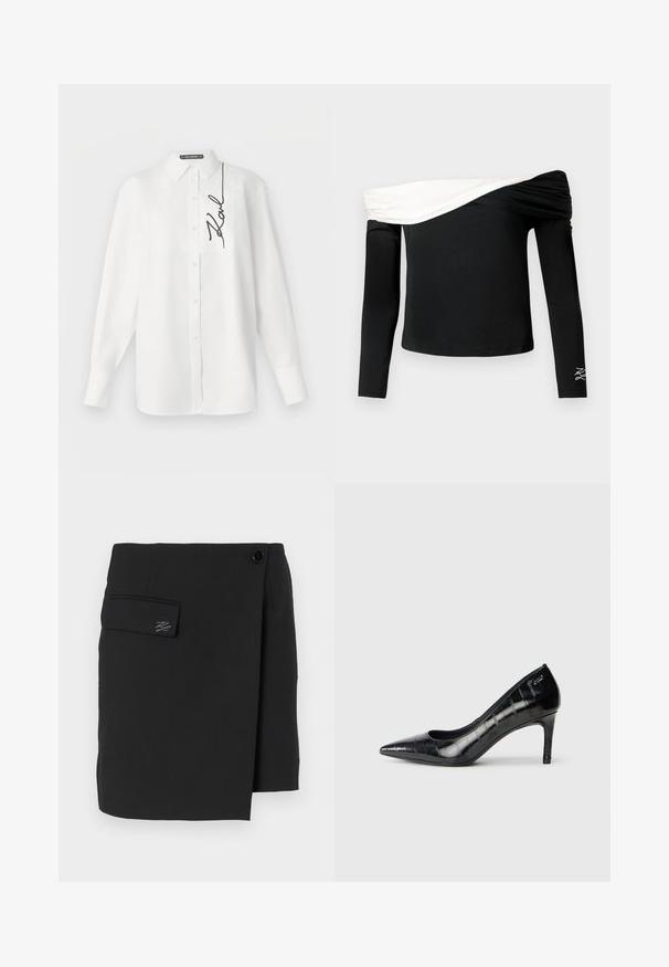 Hvit langermet skjorte laget av bomull, med en lomme foran og svart brodert signatur på venstre side. Klassisk krage og knappelukking.; Svart, langermet off-shoulder-topp med hvit, foldet drapering over brystet og lite hvitt brodert mønster på venstre erme.; Svart omslagsskjørt laget av glatt stoff, med en sidelomme med en knapp, og en subtil brodert logo-detalj.; Sorte spisse høye hæler med en blank finish og et subtilt teksturmønster. Har en moderat hæl og åpen halsdesign.