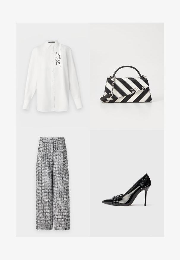 White long-sleeve shirt made of cotton, featuring a front pocket and black embroidered signature on the left side. Classic collar and button closure.; Woven wide-leg trousers in a black and white textured pattern, featuring a high waist, button closure, and pleated front details.; Black patent leather stiletto heel shoe with pointed toe, three decorative straps with studs, and "Karl Lagerfeld" branding on heel.; Black and white striped handbag with a structured shape, featuring a top handle, a detachable chain strap, and metallic logo accent.