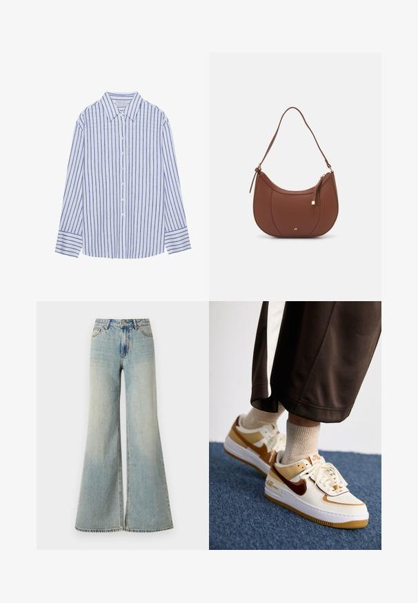 Hele sinine nööpidega särk, millel on vertikaalsed valged ja sinised ribad, klassikalise kraega ja pika varrukaga, millel on nööbiga mansetid.; Heledad sinine laiad püksid kõrge taljega, millel on pleekinud viimistlus, esiküljel taskud ja jalge all väike lõhenemine.; Nike Sportswear AIR FORCE 1 SHADOW - Tossud - sail/cacao wow/flax/sesame/white/light brown; Pruun faux nahast õlaline kott, millel on kaarjas kuju, minimaalne õmblemine ja kuldse tooni metallist aksessuaar. Omab ülemist tõmblukku ja reguleeritavat rihma.; Hõbedast rõngaskõrvarõngad sileda ja läikiva pinnaga, kõveriku kujuga ning postitaksega sulgur. Minimalistlik disain kaasaegse viimistlusega.