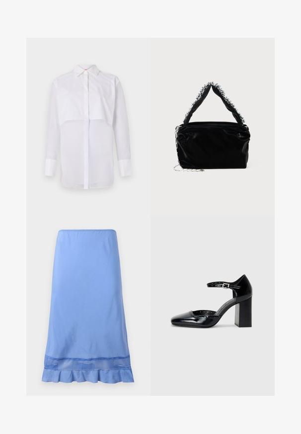 Hvit langermet bluse laget av lett stoff, med klassisk krage, frontknapper og et lagdelt design med en gjennomsiktig nederste del.; Lyseblå, kne-lengde skjørt laget av glatt stoff, med en volangkant med meshdetalj nær bunnen. Enkel pådragning.; Sorte lakk lær høye hæler med firkantet tå, ankelrem og chunky hæl. Inkluderer perforerte detaljer langs kanten.; Svart veske i faux lær med tekstur, med en perlet sølvdetalj langs det øverste håndtaket og en kjede-rem.