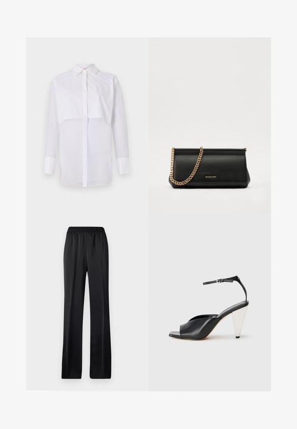White long-sleeve blouse made of lightweight fabric, featuring a classic collar, front buttons, and a layered design with a sheer lower section.; Black, wide-leg trousers with an elastic waistband. Made of a smooth, lightweight fabric, featuring a straight cut and no visible patterns.; Black leather high heel sandal with open toe, asymmetrical design, ankle strap, and a metallic cone-shaped heel. Smooth texture throughout.; Black leather clutch bag with a gold chain strap, featuring a smooth texture, rectangular shape, and embossed branding on the front.