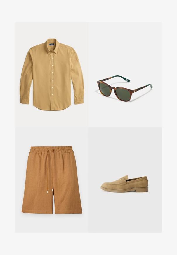 Camicia a maniche lunghe di colore senape, realizzata in tessuto morbido. Presenta un colletto con bottoni, bottoni frontali e un piccolo logo ricamato sul petto.; Pantaloni corti in lino marrone con cintura elastica, chiusura con cordino e vestibilità comoda. Presentano una superficie liscia e orli cuciti.; Mocassini in suede beige con punta rotonda, tacco basso a blocco e dettagli di cucitura sulla parte superiore. Texture liscia e design minimalista.; Occhiali da sole tartarugati con lenti verdi, forma rotonda, dettagli dorati e aste verde scuro con una striscia bianca.