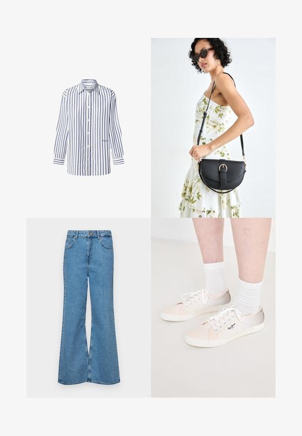 Röhad ja tumsiniseid triibuline särk, mis on valmistatud puuvillast. Sellel on kaeluses kaelus, esipoolt nöödid ja pikad varrukad triibuliste mansettidega.; Heledad sinine flared teksade rõivad, millel on kõrge talje, viis taskut ja üks nupulukk. Pehme tekstuur ja pleekinud viimistlus.; Heledad värviga kangast tossud valgete paeltega, roosa ja beeži aktsendiga, valge kummitald ja logo küljel.; Mustmust mustraha kõverate joontega, eemaldatava rihmaga ja kuldsete detailidega. Kotil on klapp, millel on pandladetail.