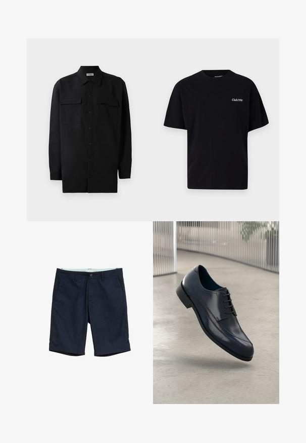 Juodas marškinis su mygtukais, pagamintas iš lygaus audinio, turi klasikinius apykaklės, du priekiniai kišeniai ir ilgus rankovės su mygtukais.; Juodas medvilninis marškinėliai su apvalia iškirpte ir trumpomis rankovėmis. Kairėje krūtinės pusėje yra balta užrašas "Club1990". Paprastas, nepuošnus dizainas.; Tamsiai mėlyni šortai iš medvilnės mišinio, su mygtuko uždarymu, dviem šoninėmis kišenėmis ir tiesiu apdailos kraštu su subtiliu tekstūra.; Blizgūs juodi odiniai suknelės batai su raišteliais, skirti pakibti virš lygaus, šviesiai pilko grindų paviršiaus ir vertikalių metalinių strypų fone.