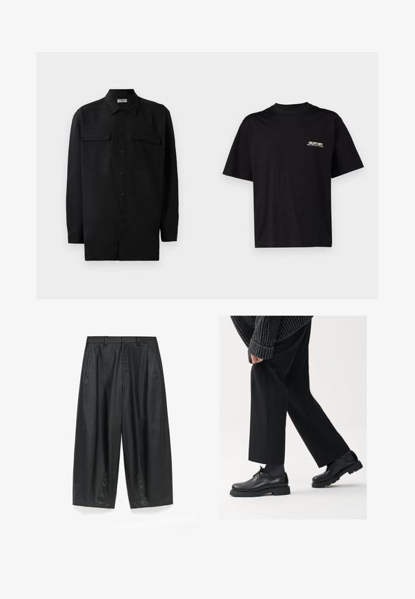 Zwarte button-up shirt gemaakt van gladde stof, met een klassieke kraag, twee voorzakken en lange mouwen met knopenmanchetten.; Zwarte katoenen t-shirt met korte mouwen, ronde hals, en een print op de voorkant van de linkerborst in witte en gouden tekst, met een ontspannen pasvorm.; Zwarte wijde broek gemaakt van een gladde, matte stof. Heeft een op maat gemaakte tailleband, voorplooien en zijzakken.; Zwarte leren schoenen met een afgeronde neus, vetersluiting en een dikke, getextureerde zool. Draagt een gepaste zwarte broek en een geribbelde trui.