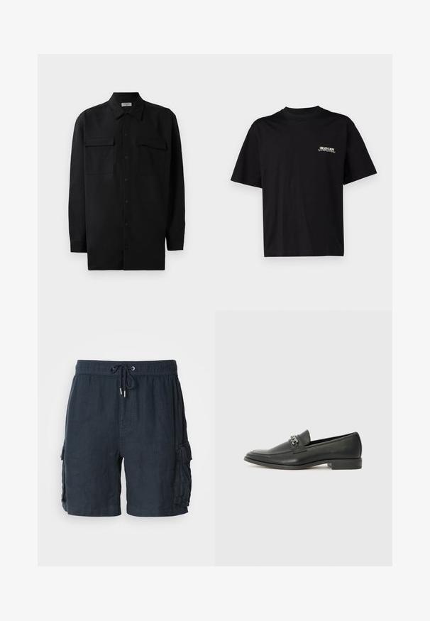 Melnā pogu krekla, kas izgatavota no gludas auduma, ar klasisku apkakli, divām priekšējām kabatām un garām piedurknēm ar pogu aprocēm.; Melna kokvilnas T-kreklu ar īsām piedurknēm, apaļu kakla izgriezumu un baltu un zeltītu tekstu drukāšanu kreisajā krūtīs, ar brīvu piegriezumu.; Vīriešu tumši zili kargo šorti, izgatavoti no viegla auduma, ar elastīgu jostu un auklu, kā arī divām sānu kabatām.; Melna ādas loafer izmēra apavi ar gludu virsmu, piedāvā ar šūtu dizainu un dekoratīvu metāla ķēdes akcentu pār vampu. Plakana papēža daļa.
