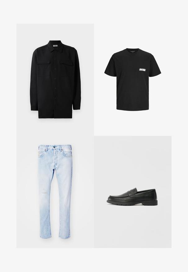 Črn srajčni zgornji del iz gladkega materiala, s klasičnim ovratnikom, dvema sprednjima žepoma in dolgimi rokavi z gumbi na manšetah.; Črna bombažna majica s kratkimi rokavi, okroglo izrezana in sredi prsnega predela ima bel tisk s logotipom. Gladka tekstura, klasičen kroj.; Svijetloplave traperice ravnog kroja, s istrošenim detaljima sprijeda, pet džepova i standardnim zatvaračem na munje.; Črne usnjene loafer čevlje z gladko površino, zgornjim delom v slogu mokasin, šivanimi detajli in gumijastim podplatom. Klasična zasnova z nizko peto.