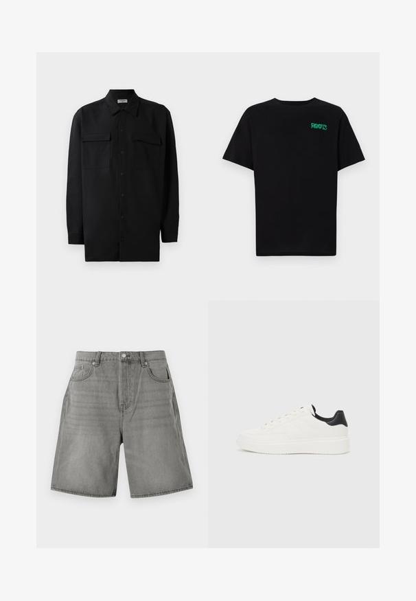 Svart skjorte med knapper laget av glatt stoff, med klassisk krage, to frontlommer og lange ermer med knappe mansjetter.; svart t-skjorte laget av bomull med korte ermer. Har et grønt "ROOTS"-logo på forsiden, rund halsutringning og standard passform.; Grå denimshorts med klassisk femlomme-design, oppbrettede kanter og knappelukking. Stoffet har en noe slitt tekstur.; Hvit lær sneaker med preget mønster, teksturert hvit mellomsole og svart hælakkent. Har rund tå og flate lisser.