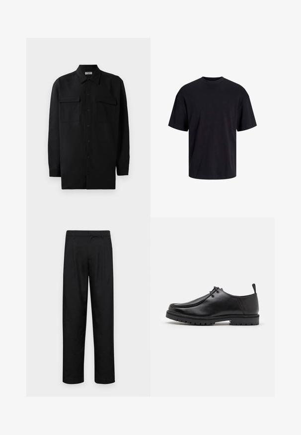 Svart skjorte med knapper laget av glatt stoff, med klassisk krage, to frontlommer og lange ermer med knappe mansjetter.; Svart bomull t-skjorte med rund hals, korte ermer og en avslappet passform. Glatt tekstur uten synlige mønstre eller detaljer.; Sorte bukser laget av glatt stoff, med rette ben, to frontfoldninger og standard liv med beltehemper.; Svarte lær snøreleste sko med en robuste såle og en trekkesløyfe på hælen, vist fra siden på en hvit bakgrunn.