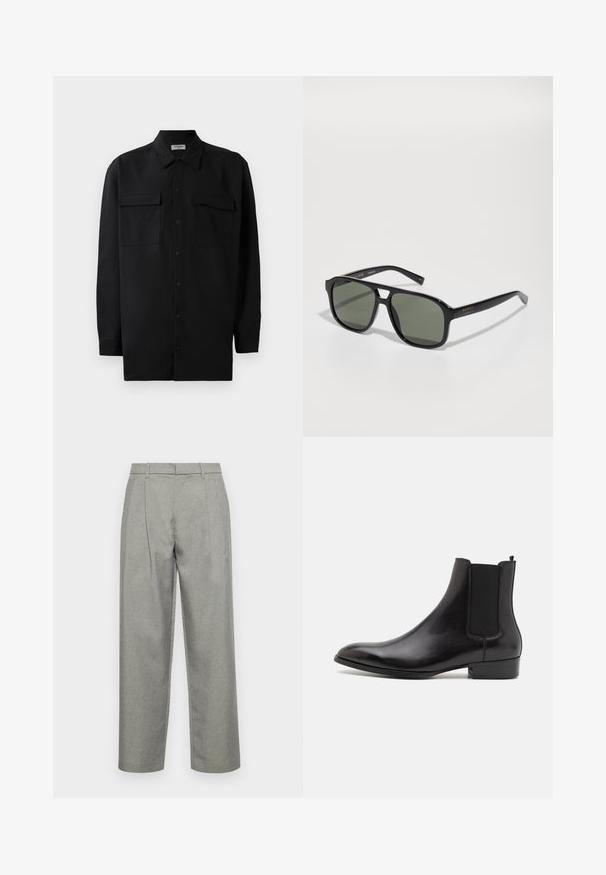 Crna košulja s dugim rukavima od glatkog materijala, s klasičnom kragnom, dva prednja džepa i dugmadima na manžetama.; Sive krojene hlače od teksturirane tkanine, s ravnim krojem, prednjim nabora i standardnim pojasom s petljama za remen.; ALDO BERT - Klasične gležnjače - black; Crne rectangularne sunčane naočale s zelenim lećama, sjajni okvir, metalni detalji i zlatni logotip na sljepočnici.