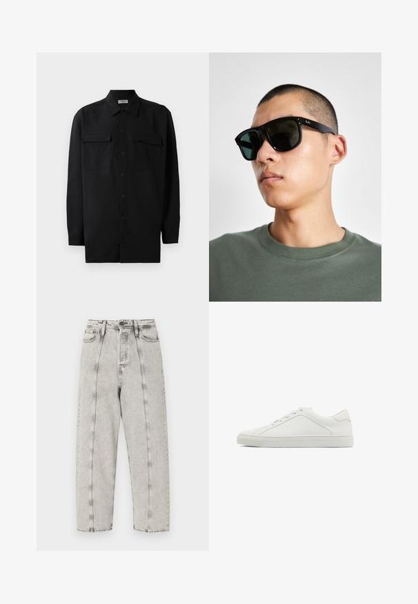 Schwarzes Hemd mit Knopfleiste aus glattem Stoff, das einen klassischen Kragen, zwei Brusttaschen und lange Ärmel mit Knopfmanschetten aufweist.; Graue hochtaillierte Jeans mit lockerer Passform, im gerade geschnittenen Design, sichtbaren Nähten und einem destroyierten Look.; Weiße Leder-Sneaker mit runder Zehenform, flacher Außensohle und minimalistischem Design. Verfügt über sechs Ösen und ein dezentes Nahtdetail an der Seite.; Schwarze rechteckige Sonnenbrille mit dunklen Gläsern, die eine markante Form und eine Markierung am Bügel aufweist. Getragen von einer Person in einem grünen Hemd.