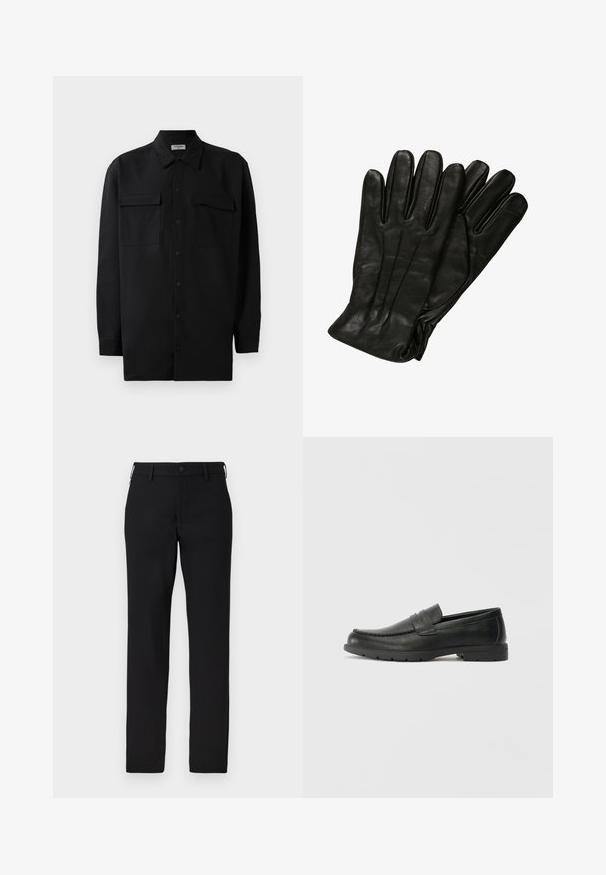 Svart skjorte med knapper laget av glatt stoff, med klassisk krage, to frontlommer og lange ermer med knappe mansjetter.; Sorte bukser laget av glatt stoff, med rette ben, knappestengning og beltehemper. Ingen synlige mønstre eller detaljer.; Svart skinnloafers med glatt finish, mokkasin-stil overdel, broderte detaljer og gummisåle. Klassisk design med lav hæl.; Sorte skinnhansker med en glatt tekstur, fem fingre og subtile sømdetaljer. Klassisk design, egnet for bruk i kalde værforhold.