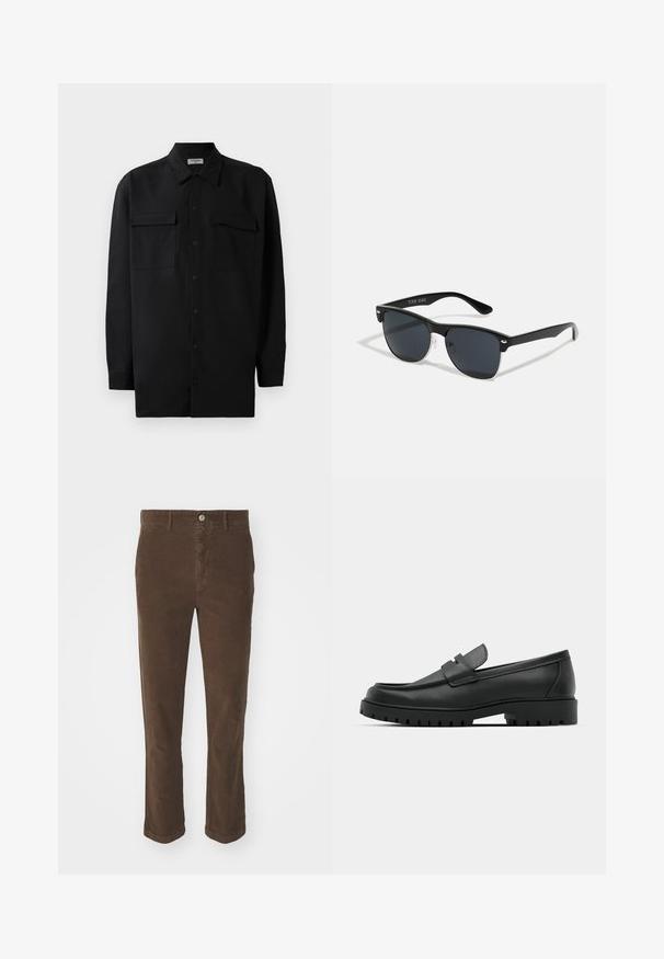 Μαύρο πουκάμισο με κουμπιά από απαλό ύφασμα, με κλασικό γιακά, δύο μπροστινές τσέπες και μακριά μανίκια με κουμπιά στον καρπό.; Καφετί κοτλέ παντελόνι με ίσια γραμμή, που διαθέτει μπροστινό κλείσιμο με κουμπί, δύο μπροστινές τσέπες και απαλή υφή.; Μαύρα δερμάτινα λουστρίνια με στρογγυλή μύτη, που διαθέτουν ραμμένο σχέδιο, χαμηλή πλατφόρμα και υφή με λαστιχένια σόλα με προεξοχές.; Μαύρα γυαλιά ηλίου σε ορθογώνιο σχήμα, σκούροι φακοί, ασημί λεπτομέρειες στους κροτάφους και ματ φινίρισμα στον σκελετό.