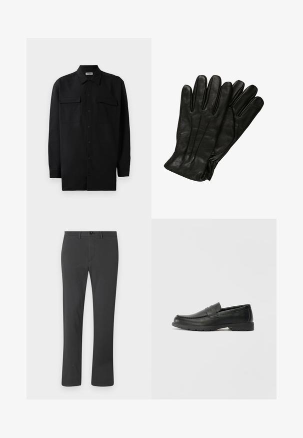 Sort skjorte med knapper lavet af glat stof, med klassisk krave, to frontlommer og lange ærmer med knapmanchetter.; Sorte bukser lavet af glat stof, med lige ben-design, lynlås, knaplukning og bæltestropper. Enkel og funktionel stil.; Sorte læderslippers med en glat finish, mokkasin-stil overdel, syninger og gummisål. Klassisk design med en lav hæl.; Sorte læderhandsker med en glat tekstur, fem fingre og subtile syninger. Klassisk design, egnet til brug i koldt vejr.