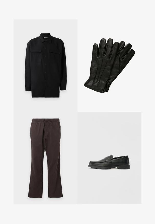Crna košulja s dugim rukavima od glatkog materijala, s klasičnom kragnom, dva prednja džepa i dugmadima na manžetama.; Tamno smeđe hlače s elastičnim pojasom i vezicom, sa ravnim krojem i glatkim, teksturiranim materijalom.; Crne kožne mokasine s glatkom površinom, gornji dio u stilu mokasina, ojačani šavovi i gumeni potplat. Klasičan dizajn s niskom petom.; Crne kožne rukavice glatke teksture, s pet prstiju i suptilnim detaljima šivanja. Klasičan dizajn, pogodan za upotrebu u hladnom vremenu.