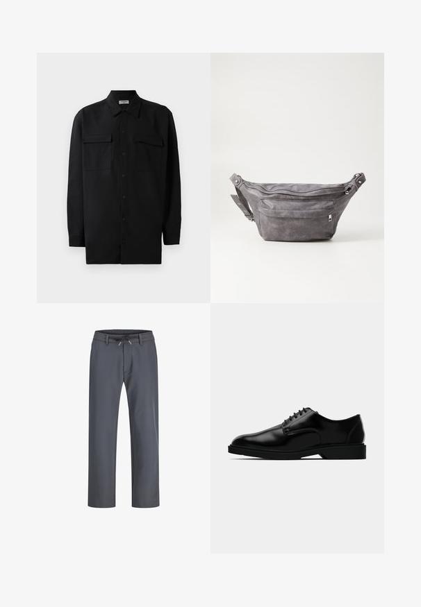 Chemise noire à manches longues en tissu lisse, dotée d'un col classique, de deux poches devant et de poignets à boutons.; Pantalons gris à taille élastique avec cordon de serrage. Conception à jambes droites, fabriqués en tissu lisse, présentent des coutures minimales et aucun matériel visible.; Chaussure habillée en cuir noir avec une finition lisse, bout rond, système de laçage, et semelle en caoutchouc discrète pour une meilleure traction.; Sac banane en suède gris avec une forme arrondie, deux compartiments zippés et une sangle réglable. Comprend des accents en métal.
