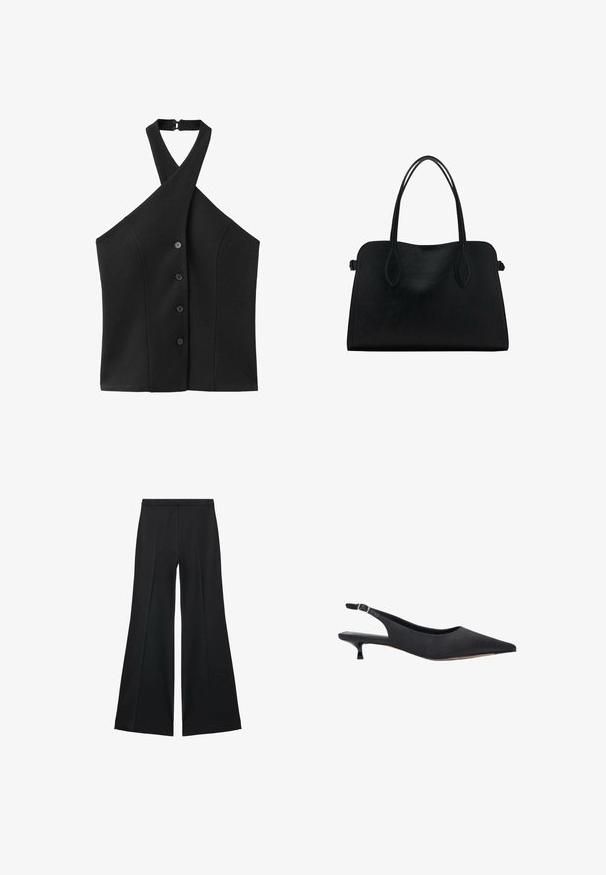 Czarny top na szyję z krzyżującym się wzorem, pięć guzików z przodu, wykonany z gładkiej, rozciągliwej tkaniny. Bez dodatkowych zdobień.; Czarne spodnie o szerokich nogawkach z gładką teksturą, z przodu ozdobione zakładkami i skrojonym fasonem. Materiał jest lekki i zwiewny.; Czarny but typu slingback z ostrym noskiem, wykonany z gładkiej tkaniny, z cienkim obcasem typu kitten heel oraz regulowanym paskiem.; Czarna skórzana torba na ramię z podwójnymi paskami, prostokątny kształt i minimalistyczny design na białym tle.