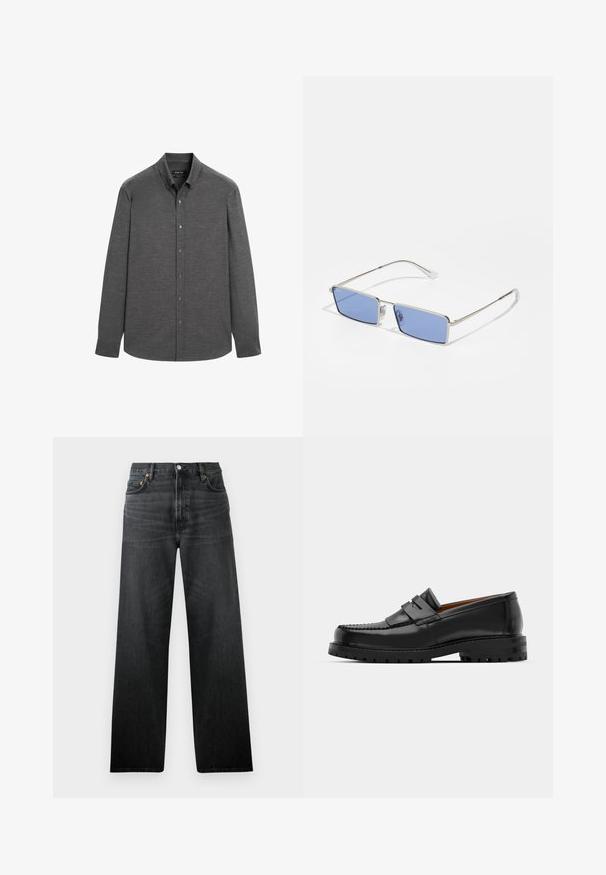 Chandail à manches longues gris en tissu texturé, avec un col boutonné et des boutons à l'avant, doté d'un ourlet arrondi.; Jeans en denim noir avec une coupe droite, dotés de cinq poches et d'une fermeture à bouton. Le tissu a un léger éclat et une texture visible.; Des mocassins en cuir noir présentent une couture surélevée, deux sangles décoratives sur le dessus et une semelle épaisse et texturée pour une meilleure adhérence.; Lunettes de soleil en métal avec une forme rectangulaire, verres teintés en bleu et monture en argent. Comprend des coussinets de nez et des branches fines et droites.